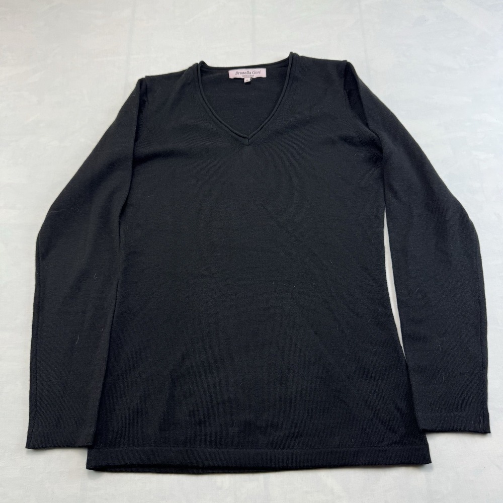 Brunella Gori Italy 100% Merino Wool Black V Neck Sweater Women M
